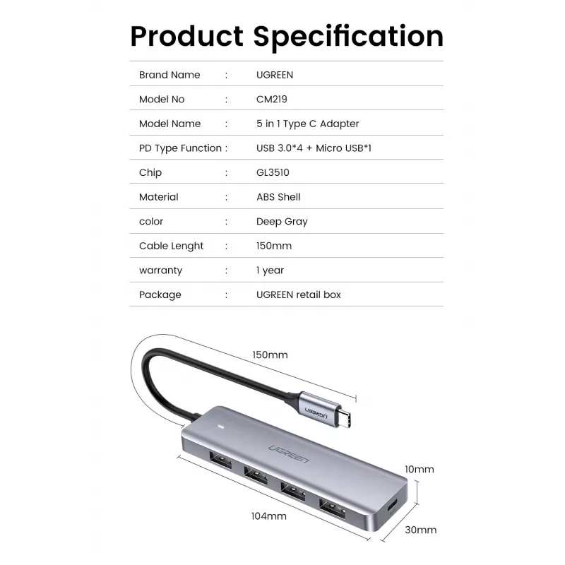 UGREEN 70336 (CM219) USB-C-auf-4x-USB-3.0-Hub, 5 Gbit/s, OTG, USB-C-Stromanschluss, 15 cm Kabel, Grau