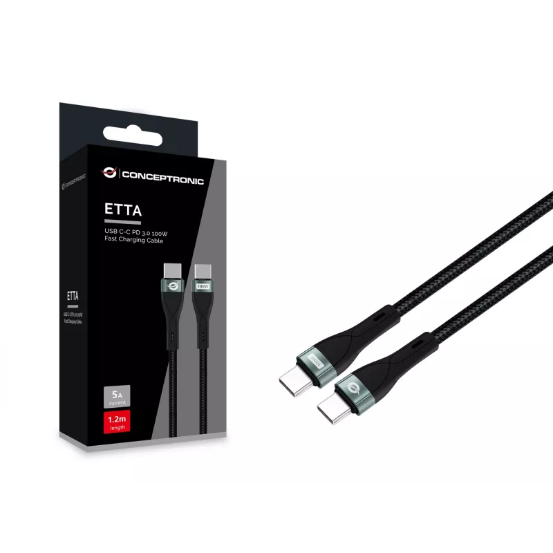 Conceptronic ETTA01B12 USB-C-C PD 3.0 100W Schnellladekabel 1,2 m, 20V 5A, 480 Mbit/s, E-Mark