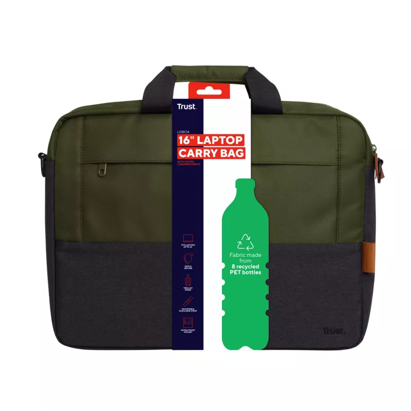 Trust Lisboa 25245 Laptop-Umhängetasche 16 Zoll (40,6 cm), Einschub von oben, Polyester, abnehmbarer Schultergurt, Grün