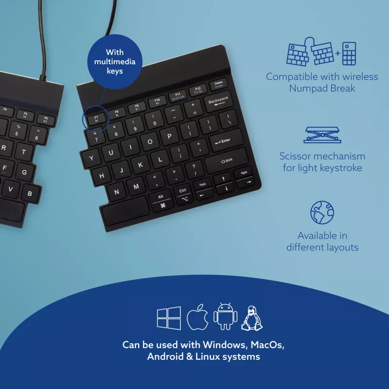 R-Go Tools Ergonomische Tastatur R-Go Split Break mit Pausensoftware, ergonomische geteilte Tastatur, QWERTY (US), Bluetooth, schwarz