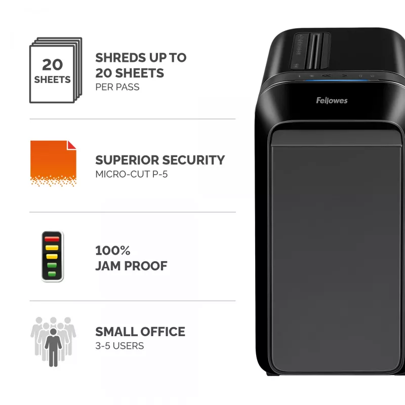 Fellowes Powershred LX221 5050401 Mikro-Cut-Aktenvernichter, P-5, 20 Blatt, 2 x 12 mm, 30 l, 70 dB, schwarz