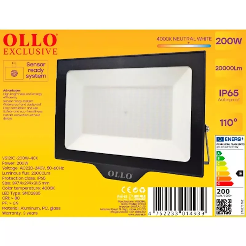 Exterior LED floodlight OLLO VS121C-200W-40K — 200 W, 20 000 lm, 4000 K