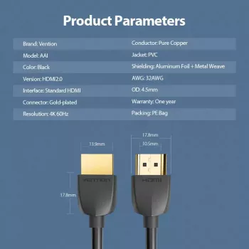 Vention Tragbares HDMI-Kabel 0,5 m Schwarz HDMI 2.0 18 Gbit/s