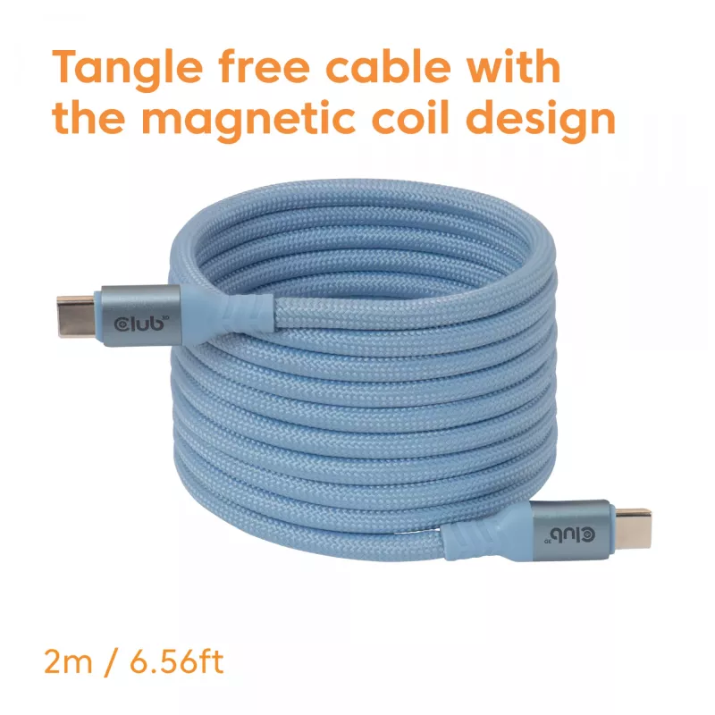 Club 3D CAC-3030 USB-C Magnetic-Coil Kabel, 240 W PD3.1, bidirektional, Schnellladen, 2 m (6,56 ft), Blau