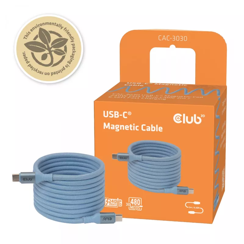 Club 3D CAC-3030 USB-C Magnetic-Coil Kabel, 240 W PD3.1, bidirektional, Schnellladen, 2 m (6,56 ft), Blau