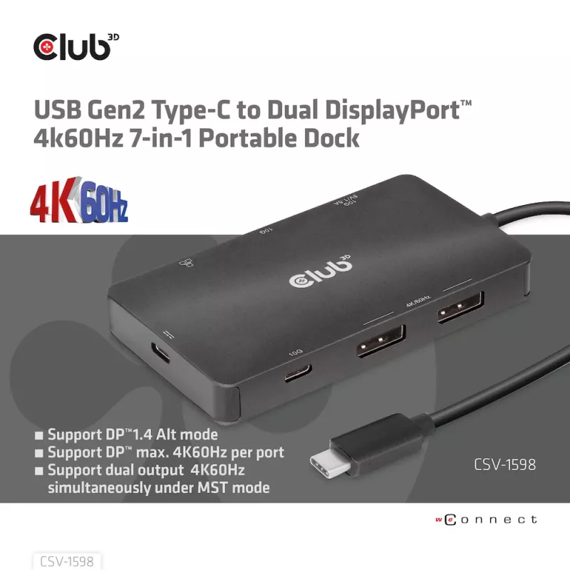 CLUB3D USB Gen2 Type-C to Dual DisplayPort 4k60Hz 7-in-1 HUB
