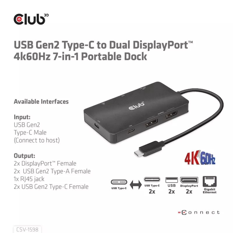 CLUB3D USB Gen2 Type-C to Dual DisplayPort 4k60Hz 7-in-1 HUB