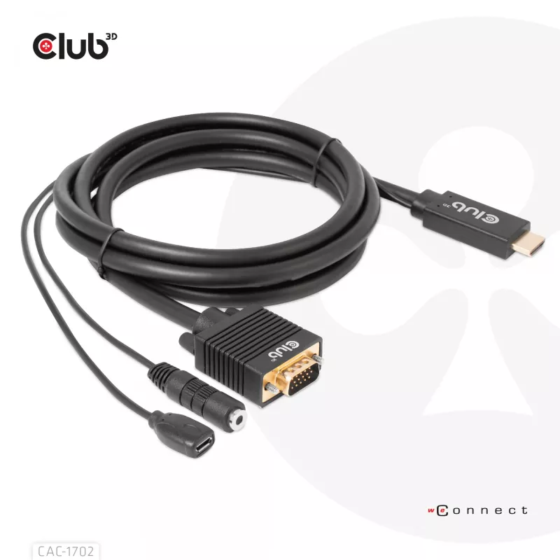 Club 3D CAC-1712 HDMI-auf-VGA-Kabel St./St. mit Micro-USB-Stromversorgung und 3,5-mm-Audio, 2 m (6,56 ft), 28AWG