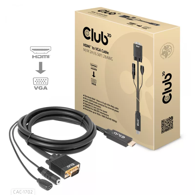 Club 3D CAC-1712 HDMI-auf-VGA-Kabel St./St. mit Micro-USB-Stromversorgung und 3,5-mm-Audio, 2 m (6,56 ft), 28AWG