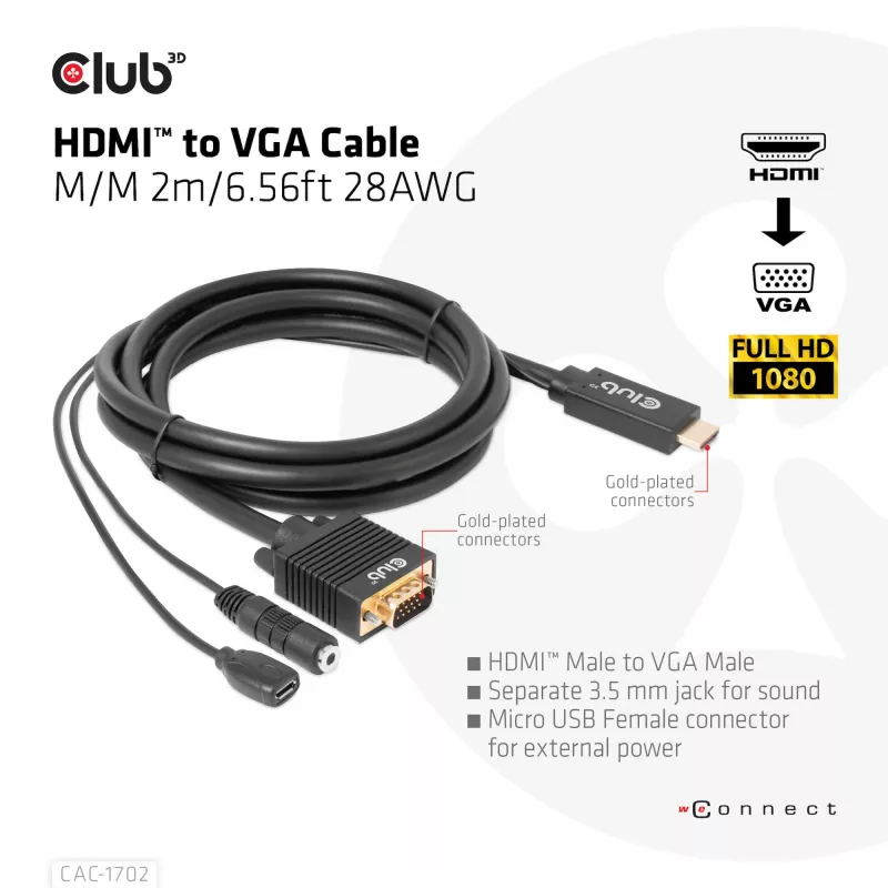 Club 3D CAC-1712 HDMI-auf-VGA-Kabel St./St. mit Micro-USB-Stromversorgung und 3,5-mm-Audio, 2 m (6,56 ft), 28AWG