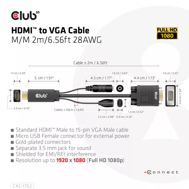 Club 3D CAC-1712 HDMI-auf-VGA-Kabel St./St. mit Micro-USB-Stromversorgung und 3,5-mm-Audio, 2 m (6,56 ft), 28AWG