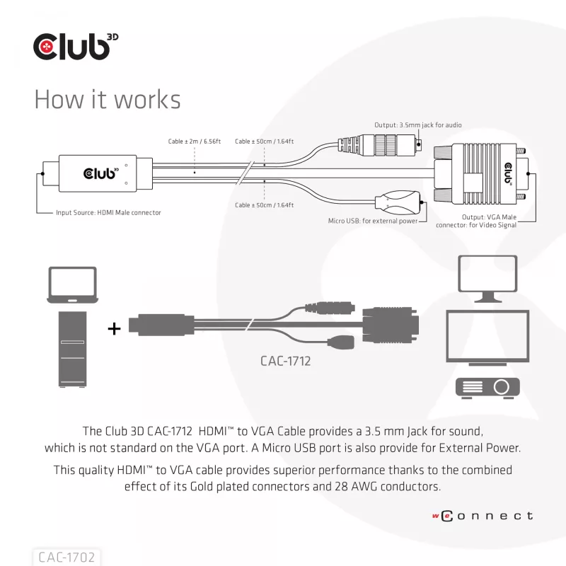 Club 3D CAC-1712 HDMI-auf-VGA-Kabel St./St. mit Micro-USB-Stromversorgung und 3,5-mm-Audio, 2 m (6,56 ft), 28AWG