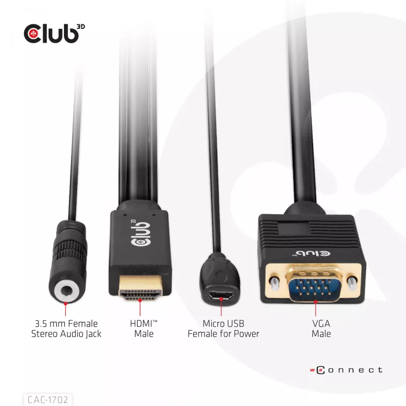 Club 3D CAC-1712 HDMI-auf-VGA-Kabel St./St. mit Micro-USB-Stromversorgung und 3,5-mm-Audio, 2 m (6,56 ft), 28AWG