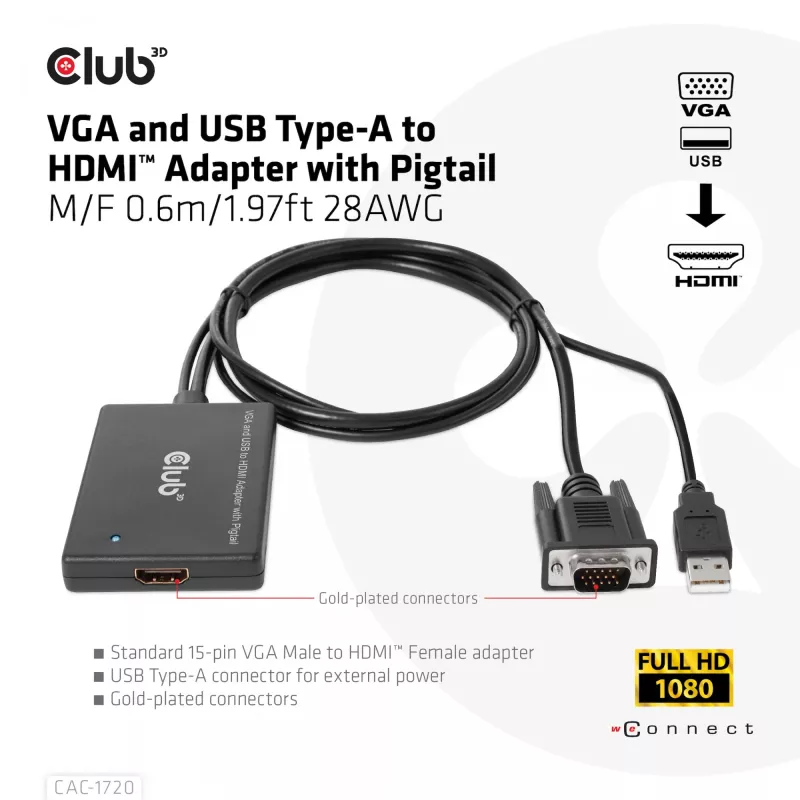 Club 3D CAC-1720 VGA- und USB-Typ-A-auf-HDMI-Adapter mit Pigtail St./B., 0,6 m (1,97 ft), 28AWG, Schwarz