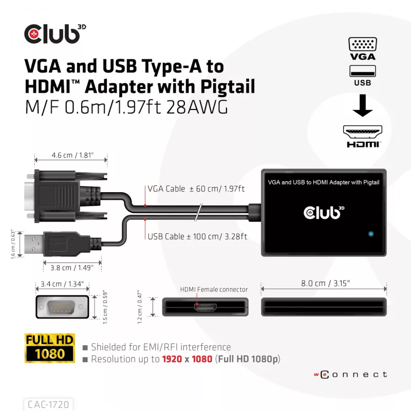 Club 3D CAC-1720 VGA- und USB-Typ-A-auf-HDMI-Adapter mit Pigtail St./B., 0,6 m (1,97 ft), 28AWG, Schwarz