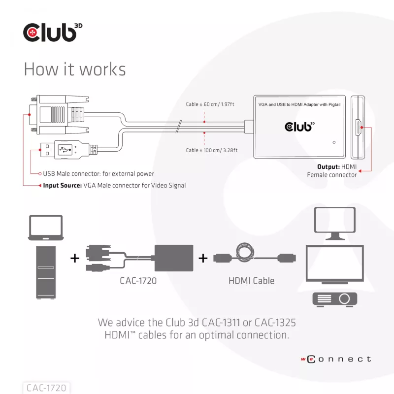 Club 3D CAC-1720 VGA- und USB-Typ-A-auf-HDMI-Adapter mit Pigtail St./B., 0,6 m (1,97 ft), 28AWG, Schwarz