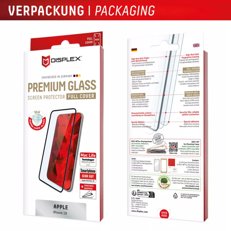 Displex Premium Displayschutzfolie (Full Cover, 10H) für Apple iPhone 16, Eco Montagerahmen, Full Cover