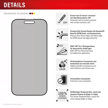 Displex Sichtschutz-Displayschutzfolie (10H) für Apple iPhone 16, Eco-Montagerahmen, Blickschutzfilter