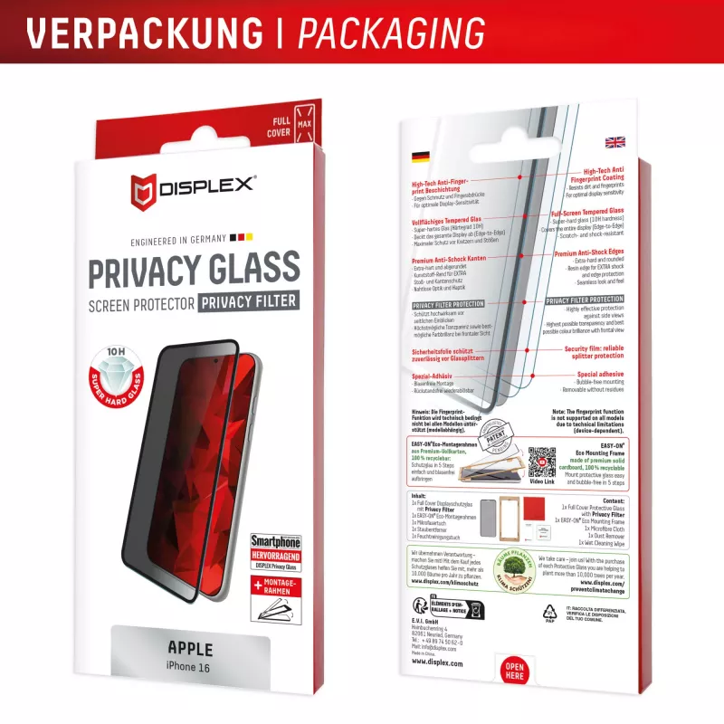 Displex Sichtschutz-Displayschutzfolie (10H) für Apple iPhone 16, Eco-Montagerahmen, Blickschutzfilter