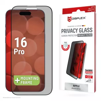 Displex Sichtschutz-Displayschutzfolie (10H) für Apple iPhone 16 Pro, Eco-Montagerahmen, Sichtschutzfilter