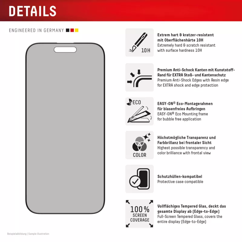 Displex Sichtschutz-Displayschutzfolie (10H) für Apple iPhone 16 Pro, Eco-Montagerahmen, Sichtschutzfilter