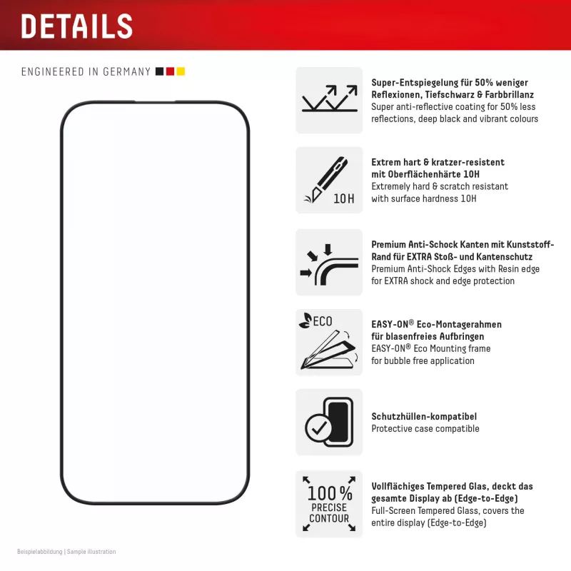 Displex Premium Anti-Reflex Screen Protector (anti-reflektive Vollabdeckung, 10H) für Apple iPhone 16 Pro, Eco-Montagerahmen, Vollabdeckung