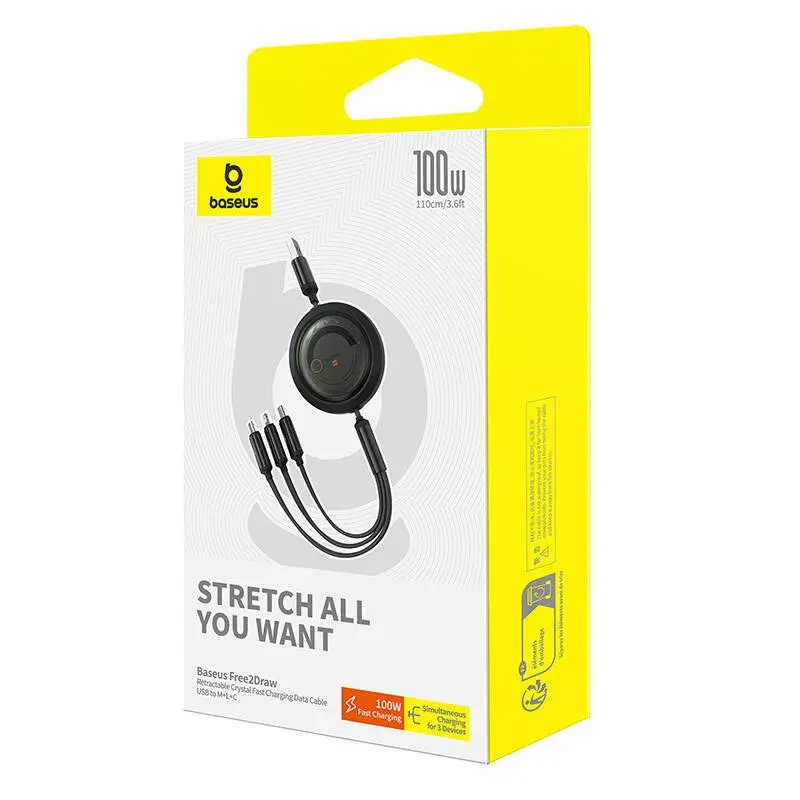 USB 3-in-1 Kabel Baseus Free2Draw (USB-A auf Micro USB + Lightning + USB-C), 100 W, 1,1 m, schwarz