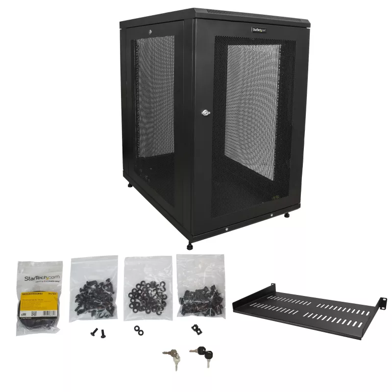StarTech.com 4-Pfosten 18U Server-Rack-Schrank, abschließbarer 19-Zoll-Daten-Rack-Schrank für Computer / AV / IT-Equipment, Büro- / Heimnetzwerk-Rack mit Rollen & verstellbaren Montageschienen