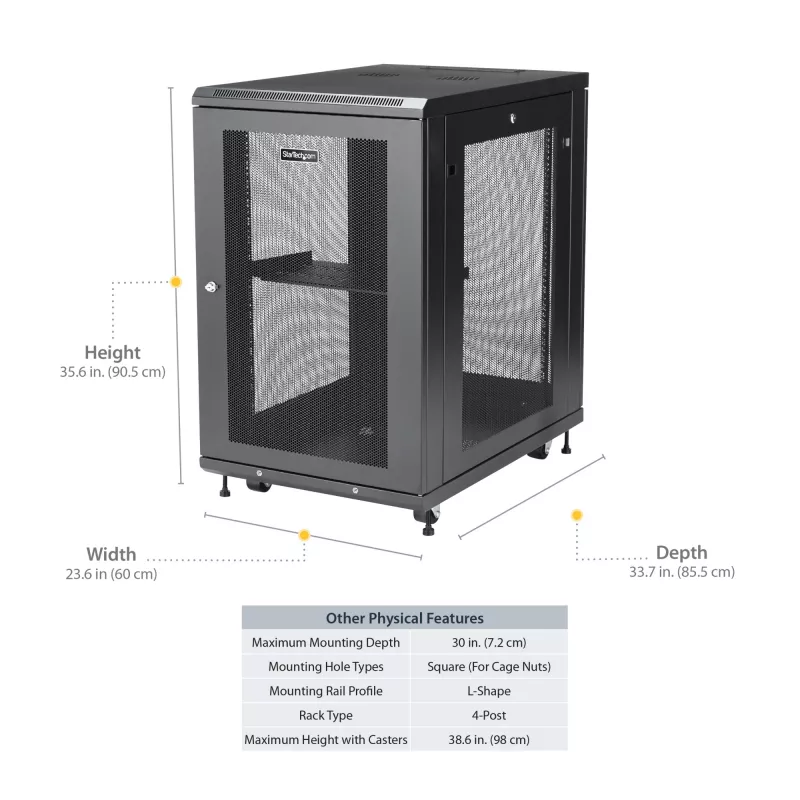 StarTech.com 4-Pfosten 18U Server-Rack-Schrank, abschließbarer 19-Zoll-Daten-Rack-Schrank für Computer / AV / IT-Equipment, Büro- / Heimnetzwerk-Rack mit Rollen & verstellbaren Montageschienen