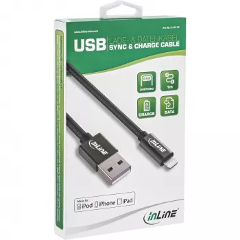 InLine Lightning USB-Kabel, für iPad, iPhone, iPod, schwarz/alu, 1m MFi-zertifiziert
