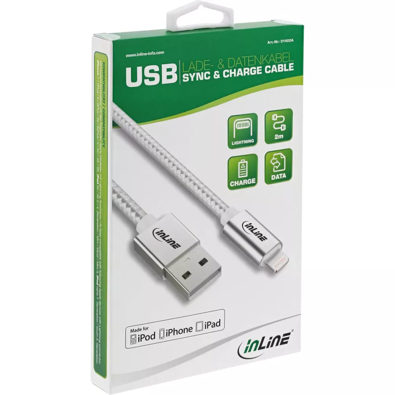 InLine Lightning USB-Kabel, für iPad, iPhone, iPod, silber/alu 2m MFi-zertifiziert