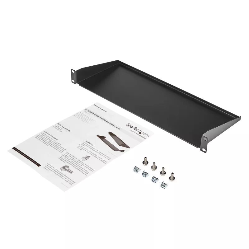 StarTech.com CABSHELF1U 1HE Server-Rack-Fachboden, fester Tragarm-Fachboden für 19-Zoll-Rack/Schrank, 17,7 cm (7 Zoll) tief, 15 kg (33 lb) Tragkraft, mit Käfigmuttern und Schrauben, Schwarz