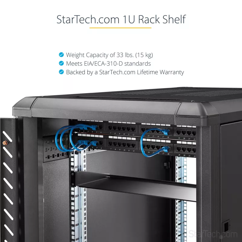 StarTech.com CABSHELF1U 1HE Server-Rack-Fachboden, fester Tragarm-Fachboden für 19-Zoll-Rack/Schrank, 17,7 cm (7 Zoll) tief, 15 kg (33 lb) Tragkraft, mit Käfigmuttern und Schrauben, Schwarz