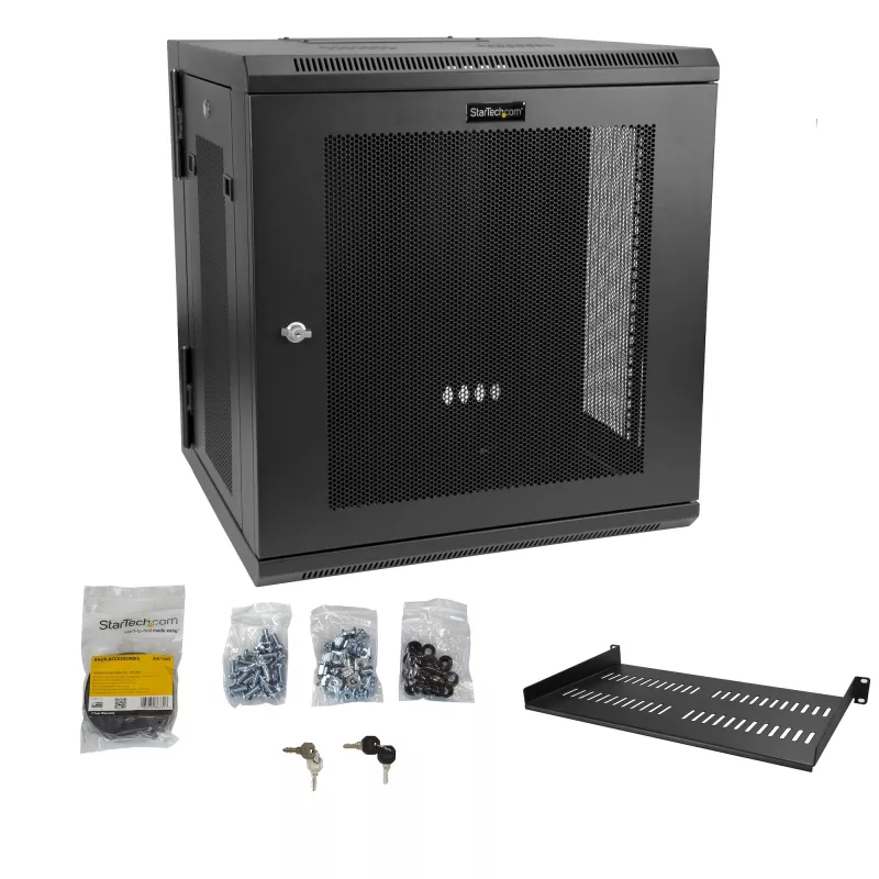 StarTech.com 4-Post 12U Wandmontage Netzwerkschrank mit 1U Ablage, 19 Zoll klappbarer wandmontierter Serverschrank für Daten / AV / Elektronik / Computerausrüstung, flexibles belüftetes Rack-Gehäuse
