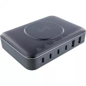 InLine Qi Powerstation Multiport Ladegerät, 4x USB-C + 2x USB-A, GaN 100 W, 15 W kabelloses Laden, Schwarz (31517K)