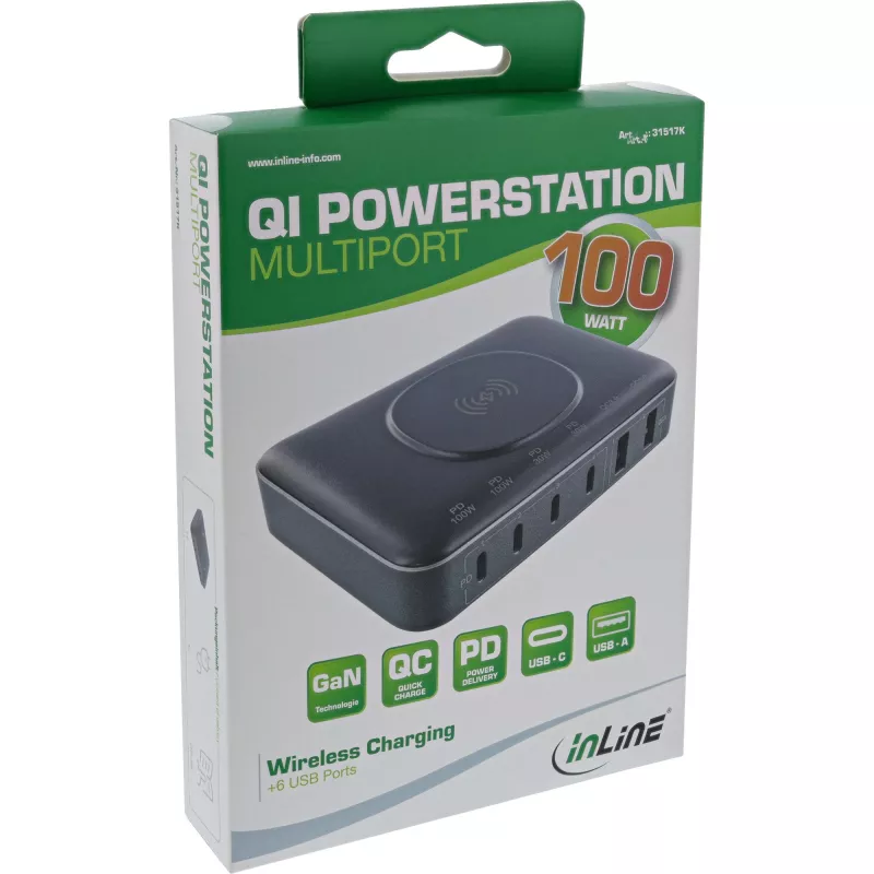 InLine Qi Powerstation Multiport Ladegerät, 4x USB-C + 2x USB-A, GaN 100 W, 15 W kabelloses Laden, Schwarz (31517K)