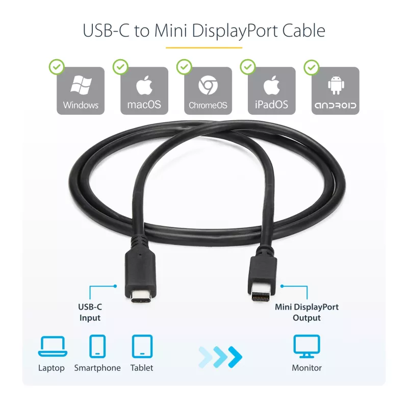 StarTech.com USB-C-auf-Mini-DisplayPort-Kabel – 1 m (3,3 ft.), 4K 60 Hz – Schwarz
