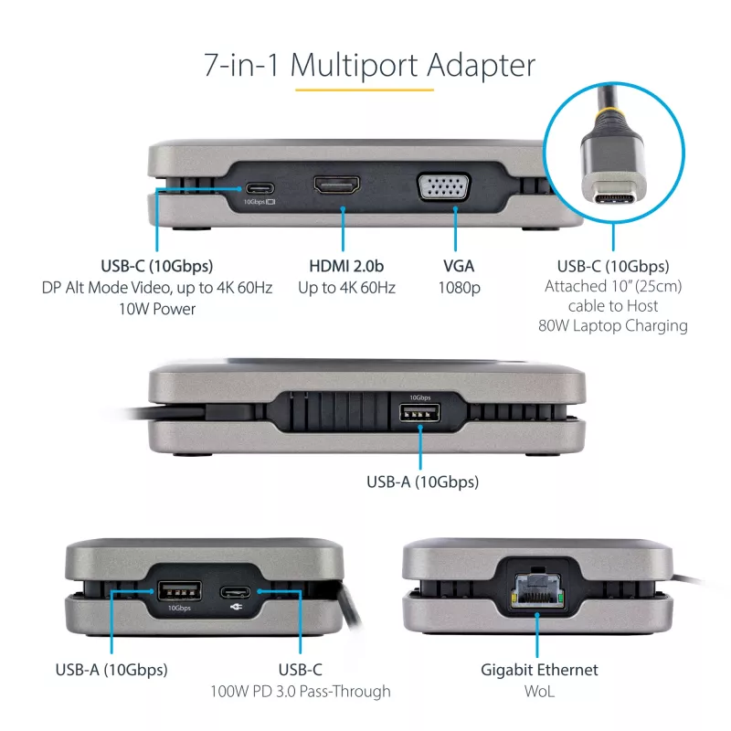 StarTech.com DKM31C3HVCPD USB-C Multiport-Adapter / Dual-Monitor-Dockingstation, 4K HDMI 2.0, VGA, USB-C DP-Alt-Mode-Video, 100 W PD Pass-Through, 2x USB-A 10 Gbit/s, GbE, MST, Grau