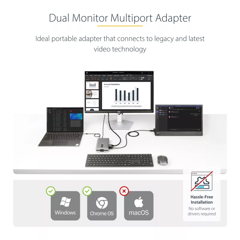 StarTech.com DKM31C3HVCPD USB-C Multiport-Adapter / Dual-Monitor-Dockingstation, 4K HDMI 2.0, VGA, USB-C DP-Alt-Mode-Video, 100 W PD Pass-Through, 2x USB-A 10 Gbit/s, GbE, MST, Grau