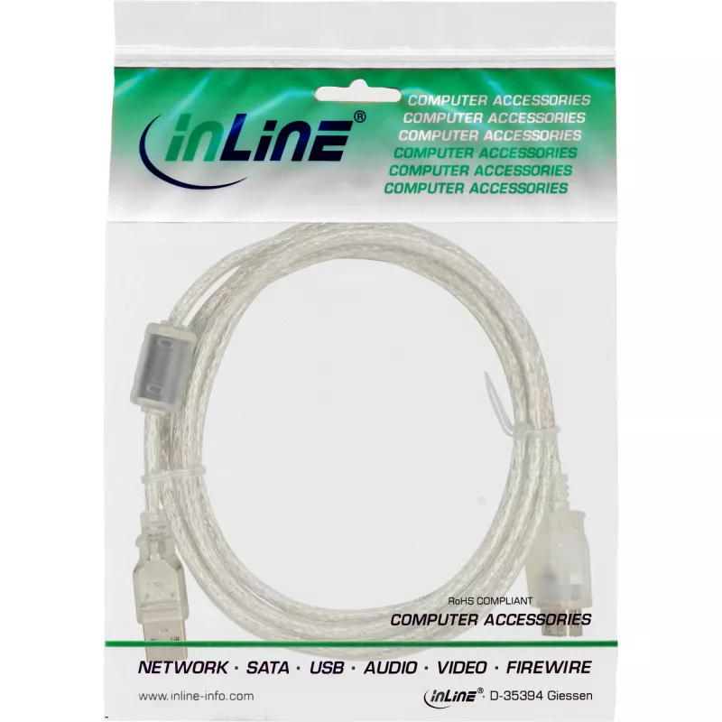 InLine USB 2.0-Verlängerungskabel Typ A M/F, transparent, mit Ferrit, 2 m