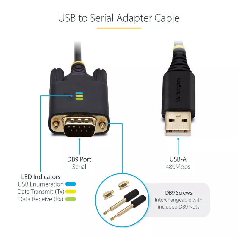StarTech.com 2m USB-zu-Seriell-Adapterkabel, COM-Erhalt, austauschbare Schrauben/Muttern, USB-A auf DB9 RS232, FTDI IC, ESD-Schutz, Windows/macOS/Linux