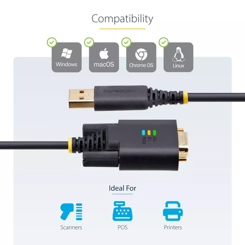 StarTech.com 3 m USB-auf-Seriell-Adapterkabel, COM-Erhalt, austauschbare Schrauben/Muttern, USB-A auf DB9 RS232, FTDI IC, ESD-Schutz, Windows/macOS/Linux