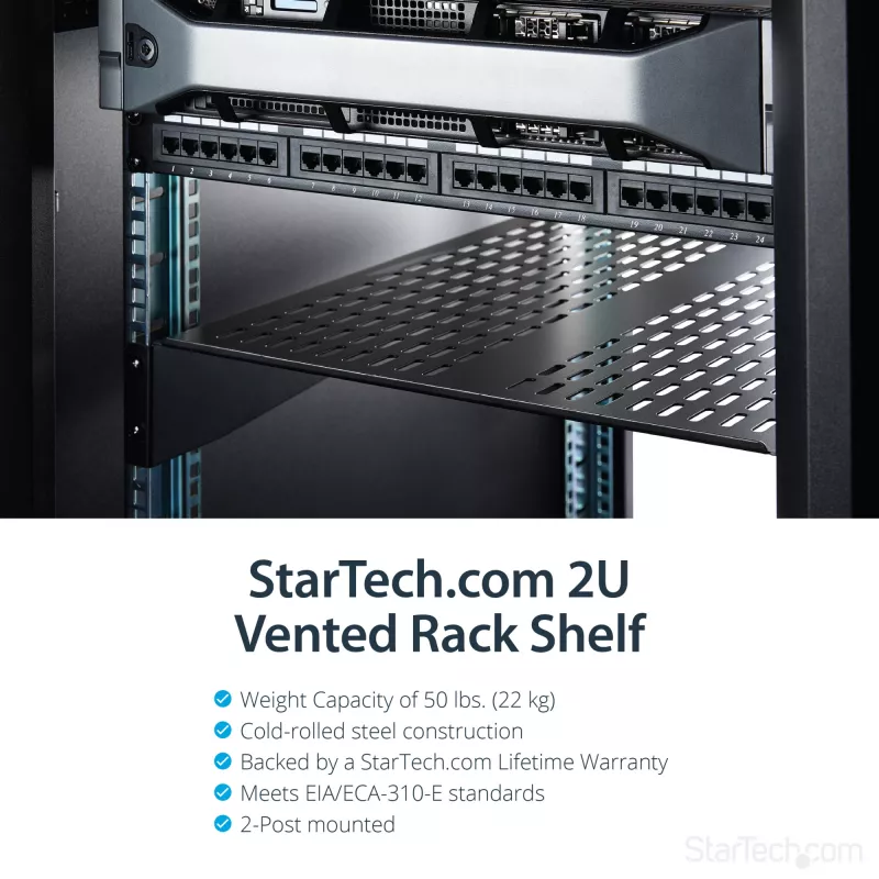 StarTech.com CABSHELF22V 2U belüfteter fest montierbarer Fachboden für Serverschrank, 19″, 22″ (55,9 cm) tief, bis 22 kg, Stahl, schwarz