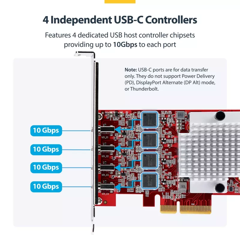 StarTech.com 4-Port USB Type-C PCIe Karte, USB 3.2 10Gbps, USB-C PCI Express Erweiterungskarte, 4x unabhängige USB-Controller, Windows/Linux/macOS, TAA-konform