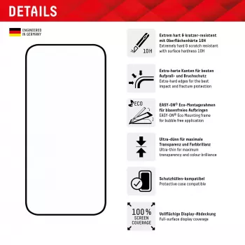 Displex Full Cover Screen Protector (10H) für Apple iPhone 15 Plus/15 Pro Max, Eco-Montagerahmen, Vollabdeckung