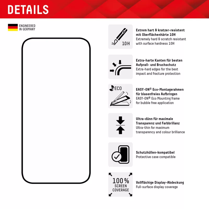 Displex Full Cover Screen Protector (10H) für Apple iPhone 15 Plus/15 Pro Max, Eco-Montagerahmen, Vollabdeckung