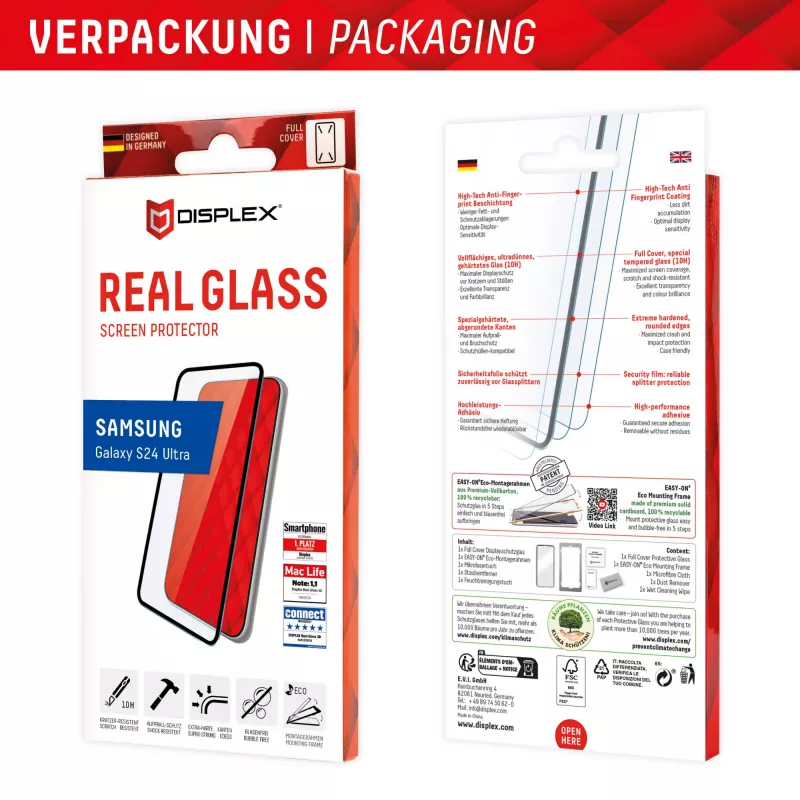 Displex Full Cover Screen Protector (10H) für Samsung Galaxy S24 Ultra, Eco-Montagerahmen, Full Cover