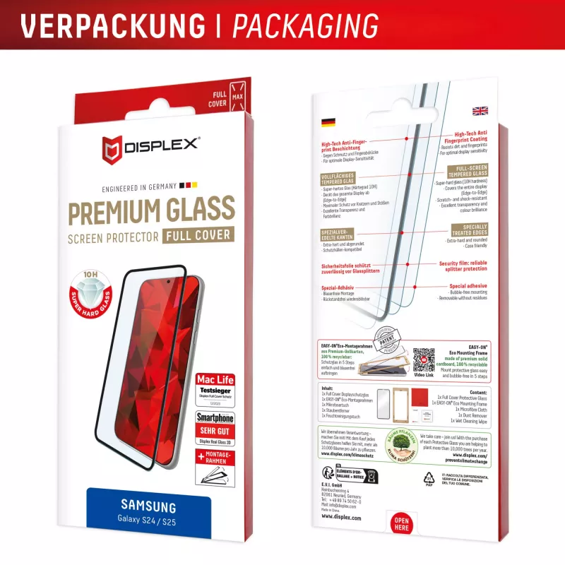 Displex Full Cover Screen Protector (10H) für Samsung Galaxy S24/S25, Eco-Montagerahmen, Vollabdeckung