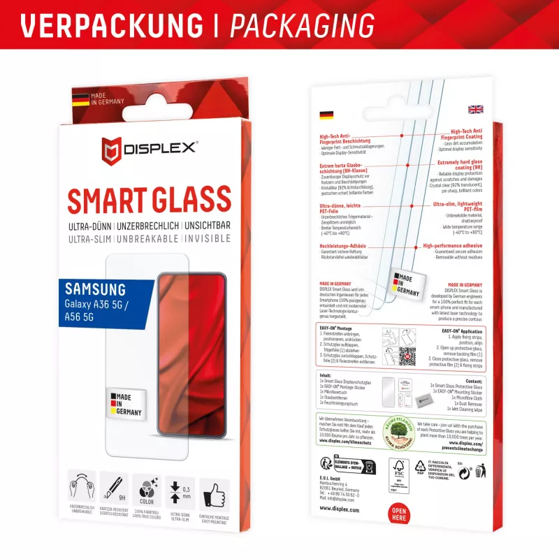 Displex Smart Glass (9H) für Samsung Galaxy A36/A56, Montageaufkleber, unzerbrechlich