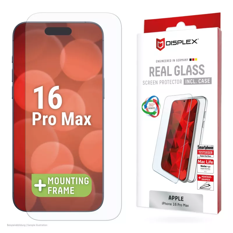 Displex Displayschutzfolie + Hülle für Apple iPhone 16 Pro Max, Eco-Montagerahmen, kratzfest